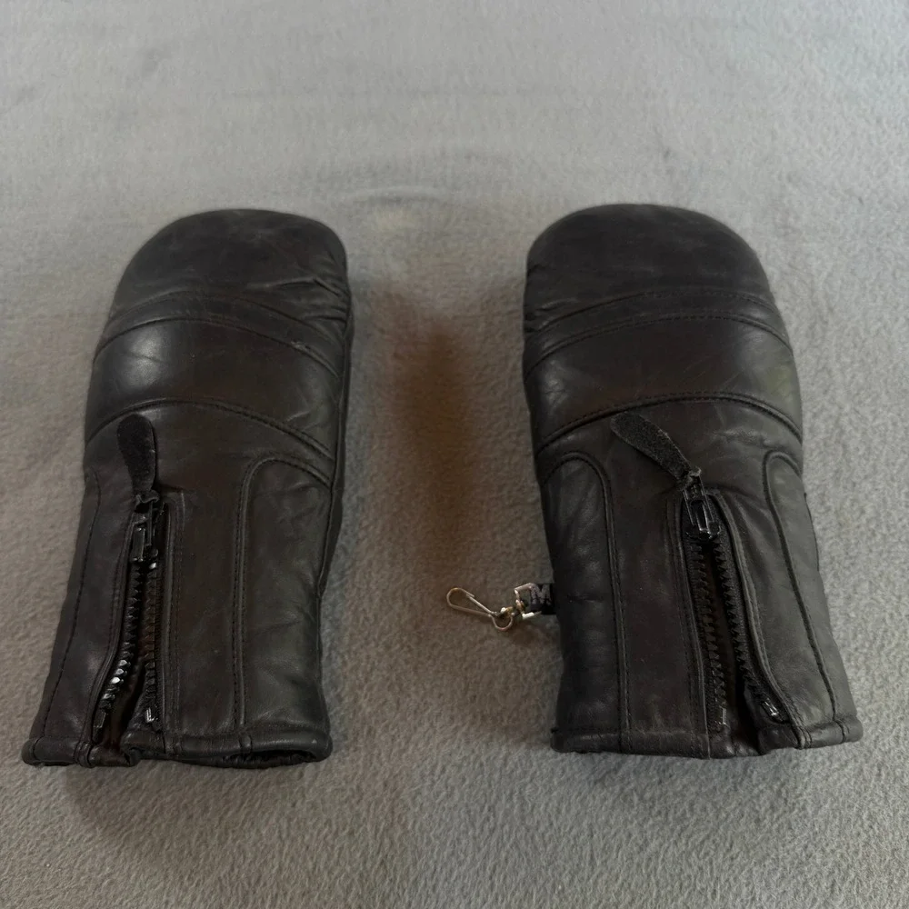 Vintage Conroy Black Leather Mittens Womens Medium Blue Fleece Lined Zipper Back